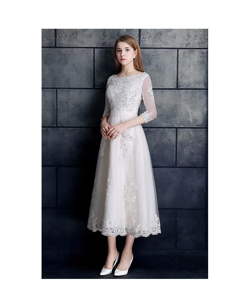 Vintage Tea Length Wedding Dress 3 4 Sleeve Lace Tulle A line White EP202 139 GemGrace