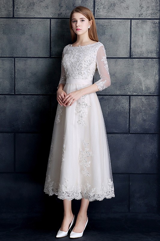 White A Line Vintage Knee Length 3/4 Sleeve Lace Wedding Dresses, MW24 –  Musebridals