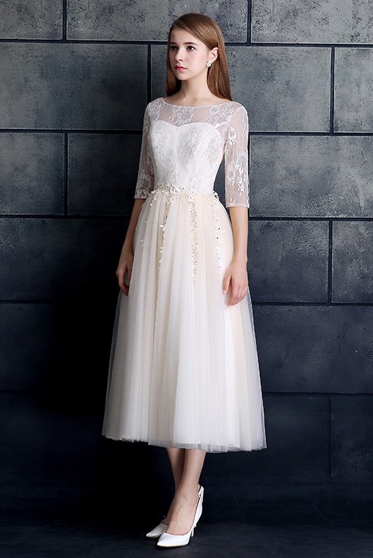 Modest A Line Tea Length Wedding Dress with Sleeves Tulle