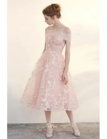Beautiful Pink Applique Lace Tea Length Tulle Formal Dress