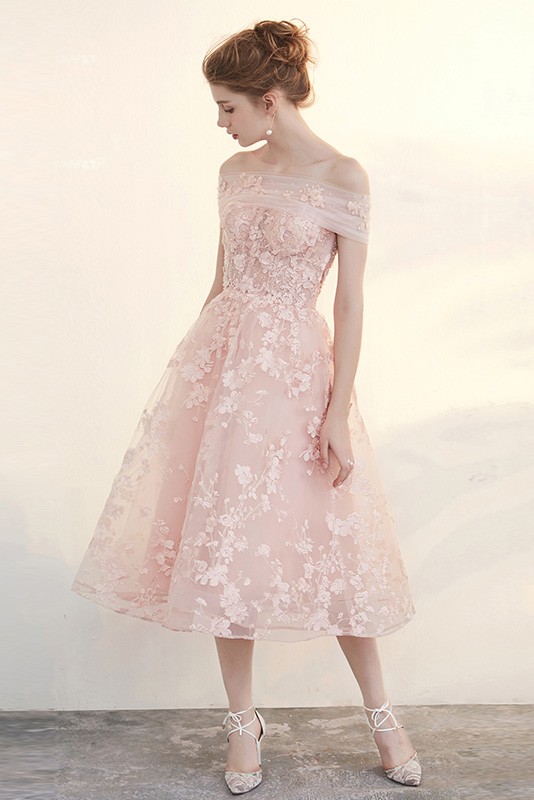 Blush Tea Length Wedding Dresses Off The Shoulder Beautiful Applique Lace Tulle Style EPY03