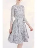 Silver Modest Lace 3/4 Sleeve Full Lace A-line Bridal Party Dress Short