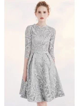Silver Modest Lace 3/4 Sleeve Full Lace A-line Bridal Party Dress Short