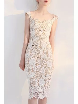 Pretty Fitted Ivory Lace Sheath Knee Length Bridal Party Dress