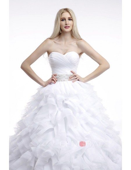 Ball-Gown Sweetheart Court Train Organza Prom Dress With Cascading Ruffles Beading