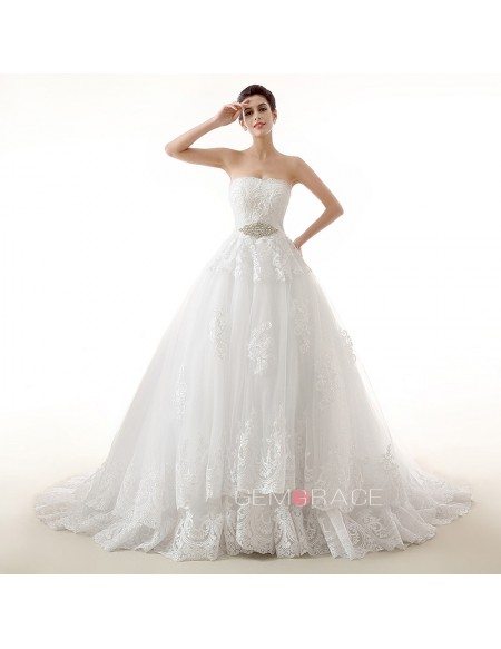 Ball-Gown Sweetheart Chaple Train Tulle Wedding Dress With Appliquer Lace Beading