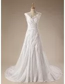 A-Line V-neck Court Train Satin Wedding Dress With Beading Appliquer Lace