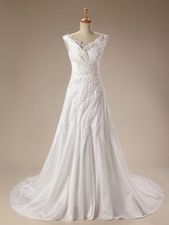 A-Line V-neck Court Train Satin Wedding Dress With Beading Appliquer Lace
