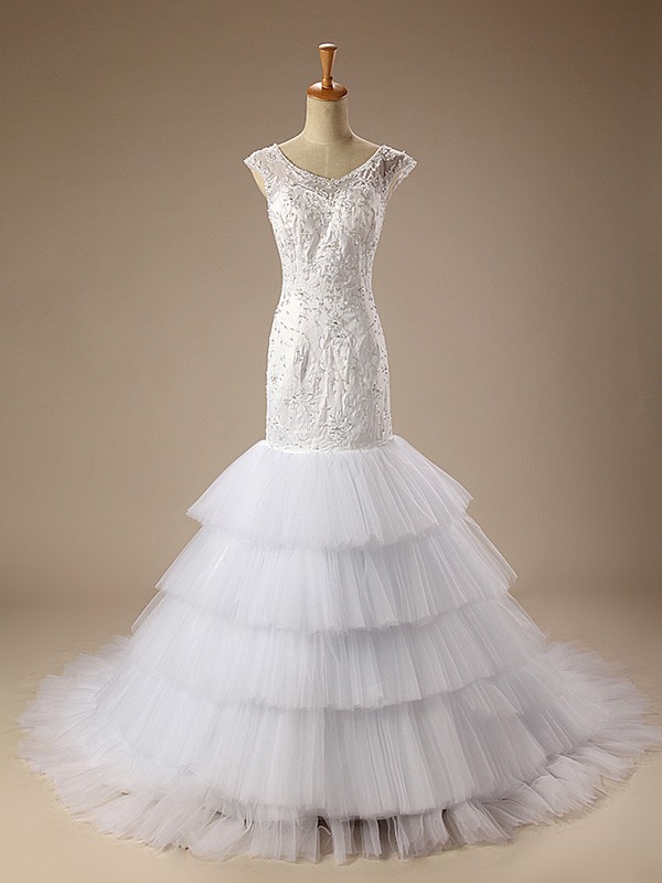 Mermaid Scoop Neck Court Train Tulle Wedding Dress With Ruffles ...