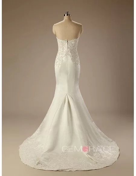 Mermaid Strapless Sweep Train Satin Wedding Dress With Beading Appliquer Lace
