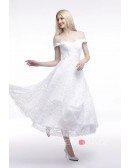 A-Line Off-the-Shoulder Tea-Length Lace Wedding Dress
