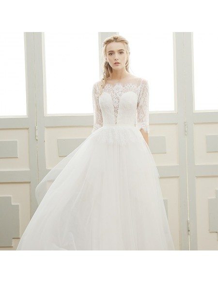 A-line Scoop Neck Floor-length Tulle Boho Wedding Dress With Sleeves