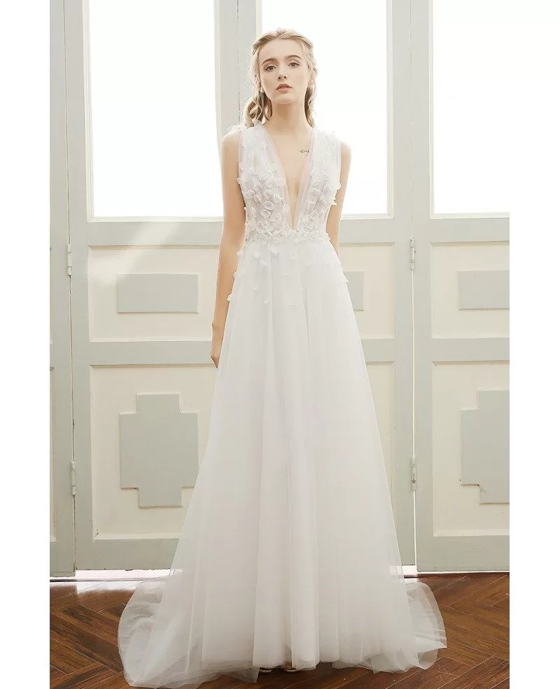 a line deep v wedding dress