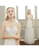 Goddess A-line One-shoulder Floor-length Tulle Beach Wedding Dress With Appliques Lace