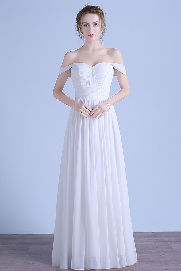 Simple A-line Off-the-shoulder Floor-length Chiffon Beach Wedding Dress ...