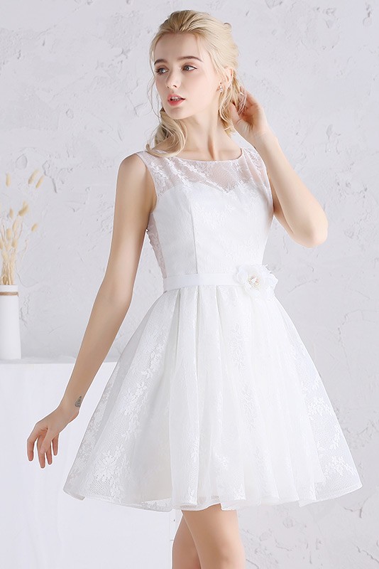 A Line Tulle Short Wedding Dresses Beach Scoop Neck Short Lace Style # ...