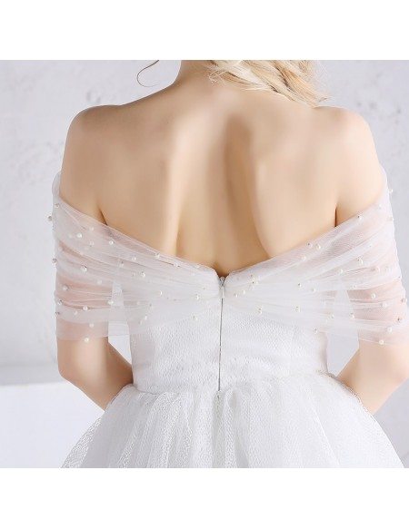 Cute A-line Off-the-shoulder Short Beaded Lace Wedding Dress