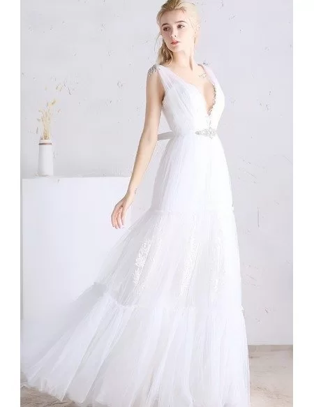 Sexy A-line Deep V-neck Floor-length Tulle Wedding Dress With Open Back