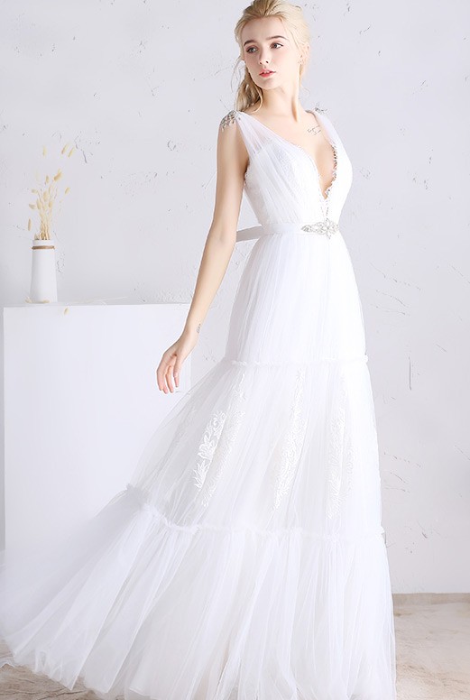 Sexy A Line Deep V Neck Floor Length Tulle Wedding Dress With Open Back Df18 190 8841