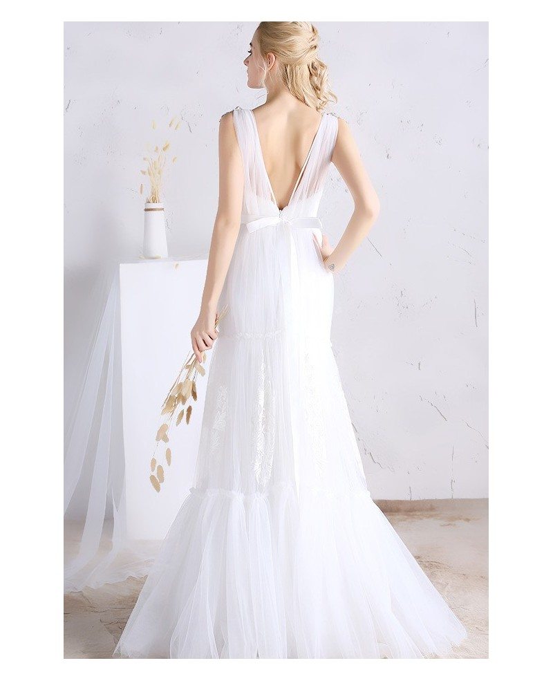 Sexy Aline Deep Vneck Floorlength Tulle Wedding Dress