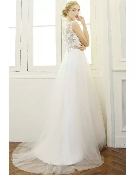 Trendy A-line Scoop Neck Sweep Train Tulle Boho Wedding Dress With Appliques Lace