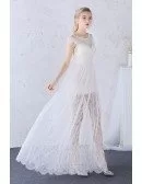 A-line Scoop Neck Floor-length Boho Lace Wedding Dress With Cap Sleeves