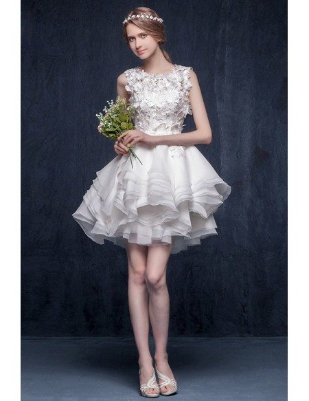 Unique A-line Scoop Neck Short Organza Ruffled Wedding Dress With Appliques Lace