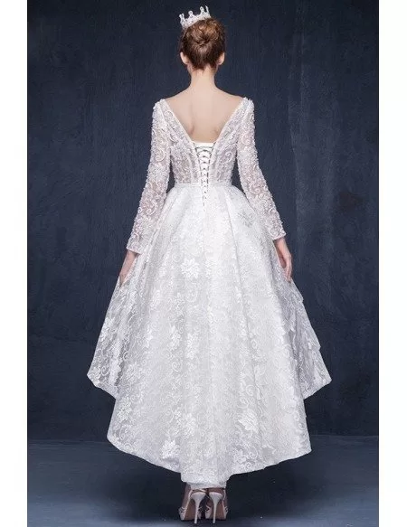 Gorgeous A-line Scoop Neck High Low Lace Wedding Dress With Long Sleeves
