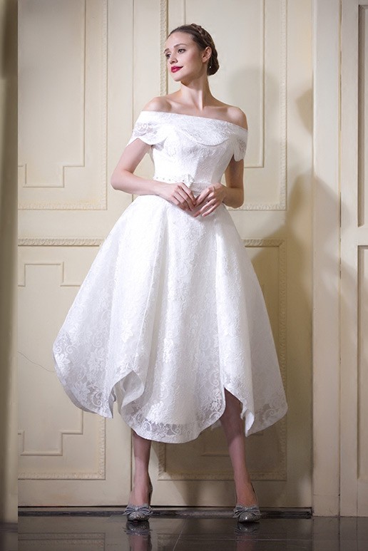 A-Line Wedding Dresses One Shoulder Tea Length Spandex Sleeveless Simple with Pleats Pure Color