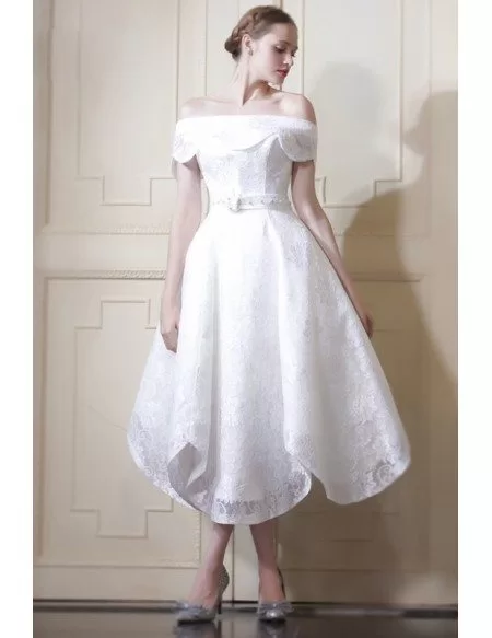 Fancy A-line Off-the-shoulder Tea-length Lace Wedding Dress