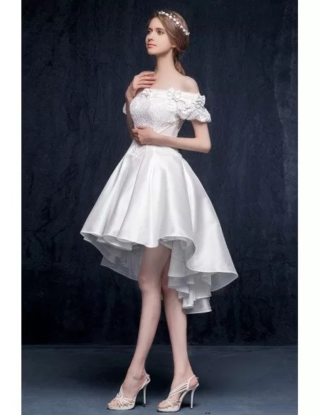 Gorgeous A-line Off-the-shoulder High Low Satin Wedding Dress with Bow