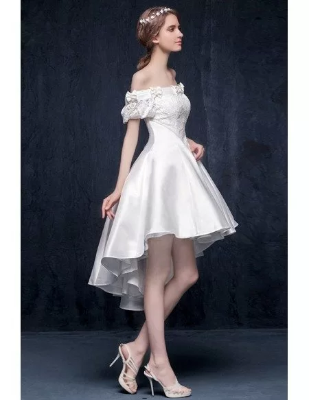 Gorgeous A-line Off-the-shoulder High Low Satin Wedding Dress with Bow