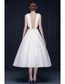A-line High Neck Tea-length Unique Lace Cutout Wedding Dress