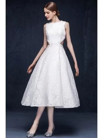 A-line High Neck Tea-length Unique Lace Cutout Wedding Dress