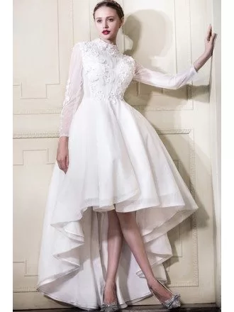 Fancy A-line High Neck High Low Lace Wedding Dress With Long Illusion Sleeves