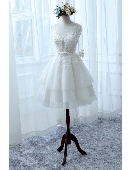 A-line Scoop Illusion Neck Short Tulle Wedding Dress With Appliques Lace