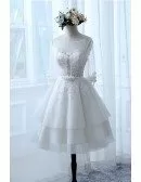 A-line Scoop Illusion Neck Short Tulle Wedding Dress With Appliques Lace