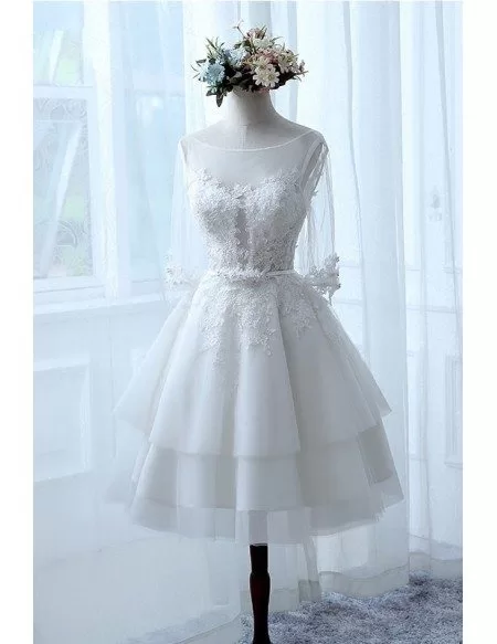 Short Tulle Wedding Dress with Sleeves A-line Scoop Illusion Neck With ...