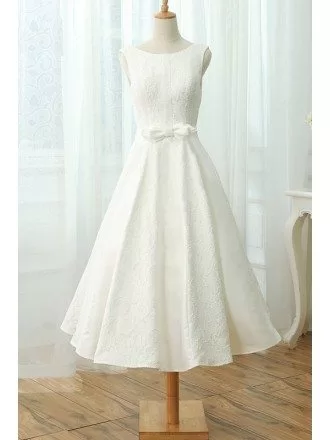 A-line Scoop Neck Tea-length Lace Wedding Dress with Bow Sash