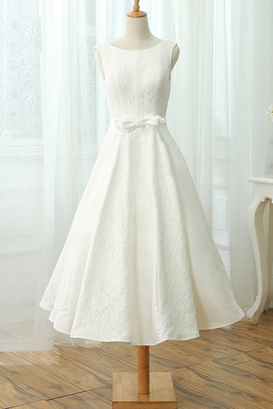 A Line Tea Length Lace Wedding Dress Scoop Neck Style with Bow Sash # ...