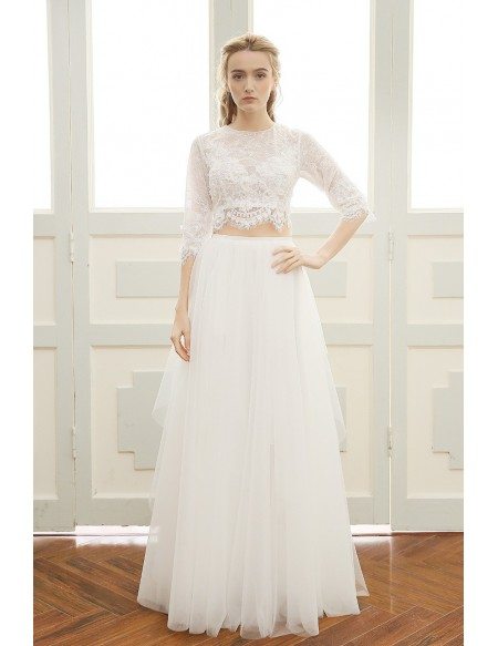 A-line Scoop Neck Floor-length Two-piece Tulle Bohemian Wedding Dress With Lace