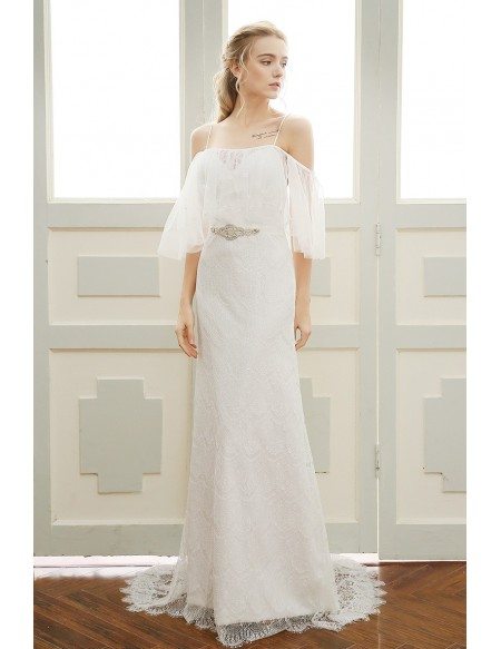 Goddess A-line Off-the-shoulder Sweep Train Beach Lace Wedding Dress