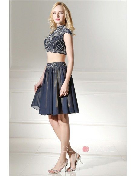 High-neck Cap-sleeves Top And Knee-length Prom Dress with Beading