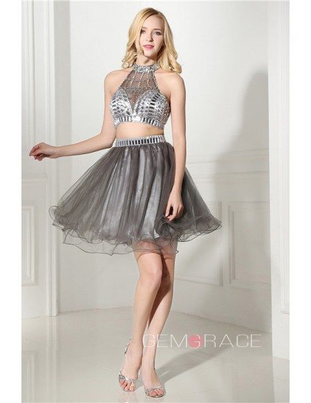Halter Top And Knee-length Prom Dress with Beading