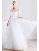 Romantic White Lace and Tulle A-line Boho Beach Wedding Dress with Split Front