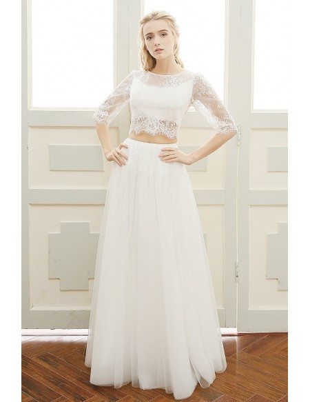 Trendy Two-piece Lace Half Sleeves Boho Beach Wedding Dress Backless