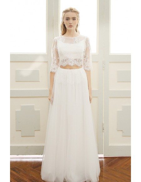 Trendy Two-piece Lace Half Sleeves Boho Beach Wedding Dress Backless