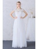 Modest High Lace Neckline Long Tulle Boho Wedding Dress Cap Sleeves