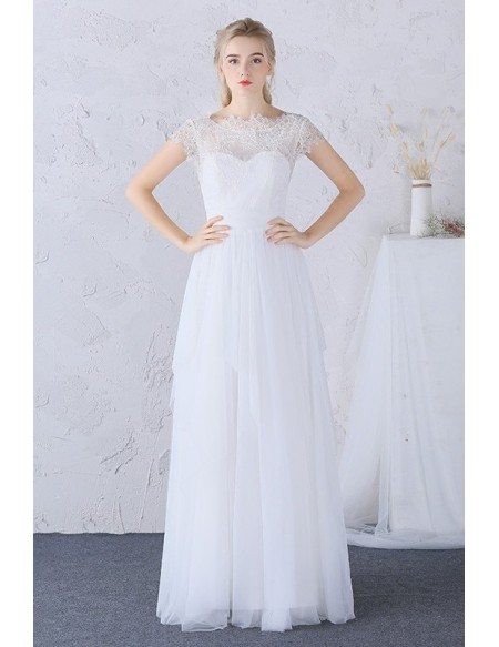 Modest High Lace Neckline Long Tulle Boho Wedding Dress Cap Sleeves