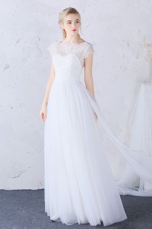 Modest Boho Beach Wedding Dress High Lace Neckline Long Tulle Cap Sleeves Df25 190 Gemgrace Com
